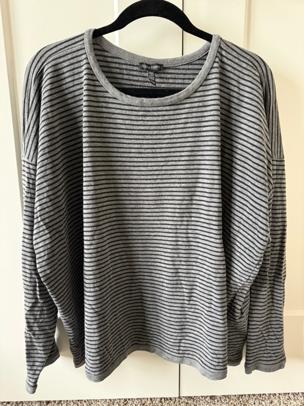 Eileen Fisher Striped Cozy Brushed Terry Box-Top Gray + Black Long Sleeve